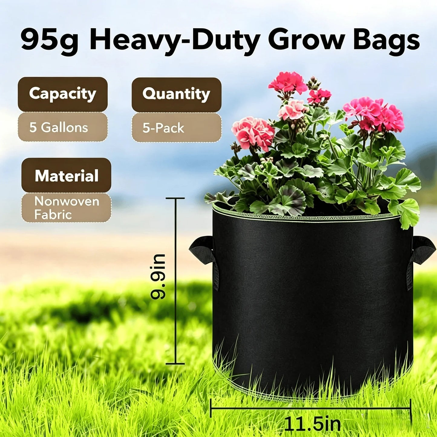 🌱Elyviana 5-Pack 5 Gallon Grow Bags – Heavy Duty Aeration Fabric Pots🪴 (Upsell)