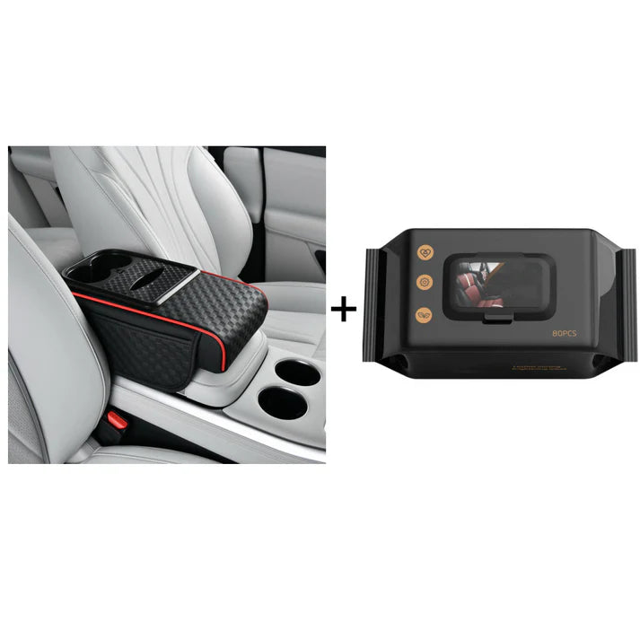 Elyviana Premium Car Armrest Storage with Integrated Cup Holders & Tissue Station