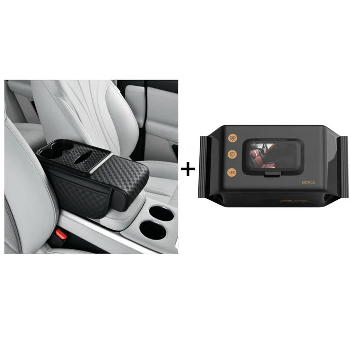 Elyviana Premium Car Armrest Storage with Integrated Cup Holders & Tissue Station
